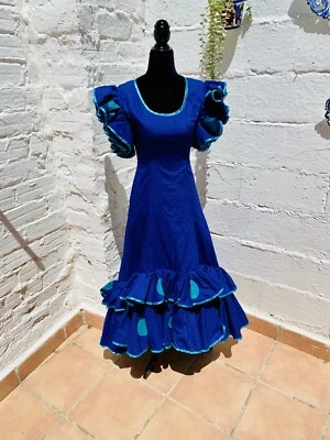 Cintura 24" Vintage Auténtico Vestido Flamenca Gitano Frida Lunares Azules Retro Foto 1 de 4