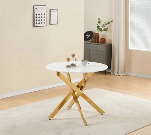 Dining Table Set White Marble-Effect 90cm Round Glass Gold and 4 Velvet Chairs - Picture 1 of 39
