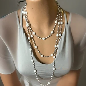 Vintage multi strand Milk Glass Silver Tone necklace Estate 18-26” Strands - Picture 1 of 6