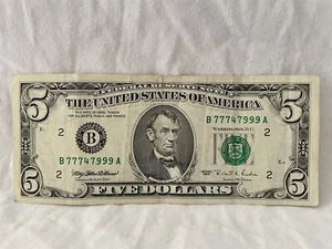 $5 Dollar Bill Fancy Serial Number 1995 Very rare 77747999 Two Triplets - Picture 1 of 2