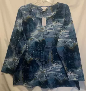 CJ Banks 2X Blue Scenic Print Knit Top, rhinestones, crew neck, long sleeves-NWT - Picture 1 of 3