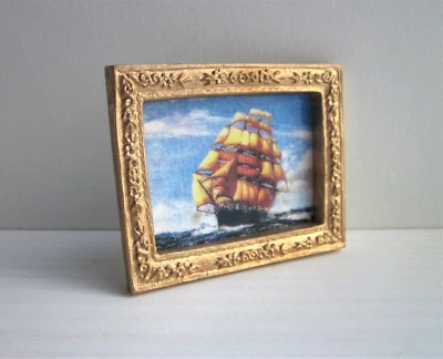 Casa delle Bambole Quadro Veliero Cornice Oro 6,5X5,5 cm Miniatura Scala 1:12 - Immagine 1 di 4