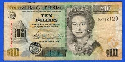 Belize 10 Dollars 2003 P-68a  Queen Elizabeth II Circulated Note DA752129 - Image 1 of 3