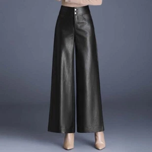 Straight Wide Leg Pants Women High Waist Ladies Faux Leather Long Trousers Loose - Picture 1 of 22