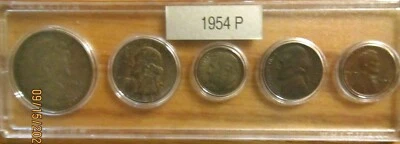 $ 1954 P SILVER 50c 25c 10c US MINT SET 5 Coins Plastic NICE Whitman HOLDER 3 - Image 1 of 2