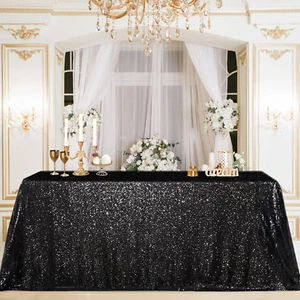 60X102-Inch Black Sequin Table Linens Halloween Tablecloth Seamless Glitter Tabl - Picture 1 of 12
