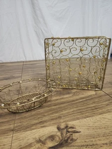 2 Gold Metal And Beaded Scrolled Baskets Storage Decor - Picture 1 of 10