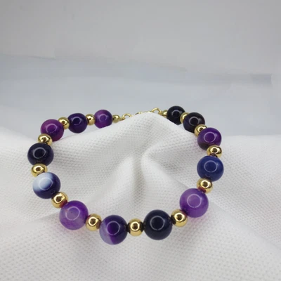 14K 镀金不锈钢紫色紫水晶串珠 7.5 英寸手链 — 第 1/4 张图片