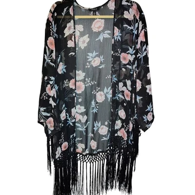 TORRID Black Floral Sheer Kimono Cardigan Fringe Boho whimsigoth sheer fairy y2k - Image 1 of 4