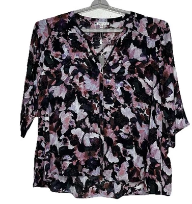 Spense Woman Shirt Tunic Top 3X Black Pink Floral Romantic Button Down NEW - Image 1 of 4