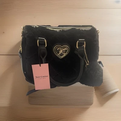 Viral Juicy Couture Woman’s Handbag” Lets Get Cozy” Black Fuzzy Fur Heart Charm - Image 1 of 4