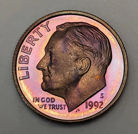 1992 S Roosevelet Silver Dime 10C Unique Rainbow Toning Cover