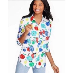 Talbots Women Multi-Color Teacher Apples Novelty Print Button-Down Shirt Size XL - Picture 1 of 15