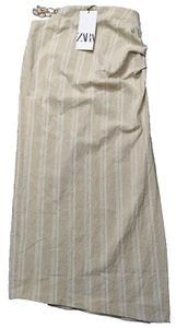 ZARA Women Size XS Flax Striped Ruched Cut Out + Chain Midi Slit Skirt New - Picture 1 of 14