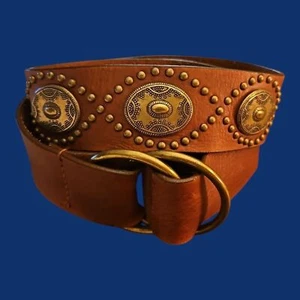 Vintage Brown Leather Brass Concho Studded Adjustable Belt Large - XL - Picture 1 of 9