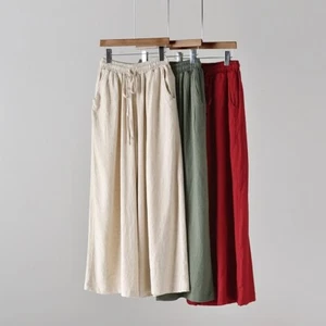 Femme Pantalon Loose Coton Lin Mélange Cordon Taille Élastique Jambe Large - Picture 1 of 17