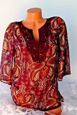 Туника EAST 5TH (S M) прозрачная шифоновая с разделенным крючком вырезом подолом сливовый принт с разделенными сторонами - Изображение 1 из 4