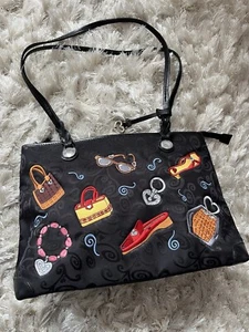The Brighton Collection C501897 Leather And Fabric Shoulder Bag Black Appliqué - Picture 1 of 21
