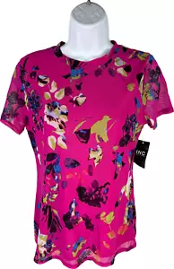 NEW INC Women’s Pink Floral Short Sleeve Mesh Lined T-Shirt - S - Picture 1 of 4