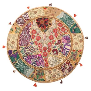 Beige Round Floor Pillow Cushion Cover Vintage Patchwork Pouf Cushion Ottoman - Picture 1 of 6
