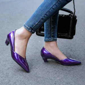 Women's Shiny Pumps Low Heels Patent Leather Pointed Fashion Shoes Shoes Slip On - Picture 1 of 15