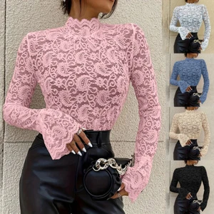 Sexy Women Lace Sheer Mesh Half Collar Blouse Slim Fit Flared Sleeve Shirt Tops - Picture 1 of 26