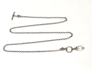 Ladies Vintage 925 Sterling Silver Cable Link T-Bar Watch Fob Chain 20" - Estate - Picture 1 of 9
