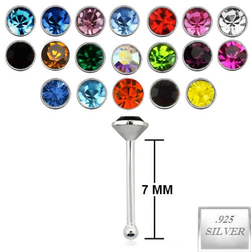 925 Sterling Silver Nose Bone Ring stud 1MM  1.5MM 2MM 2.5MM CZ 22G comfort top - Image 1 of 3
