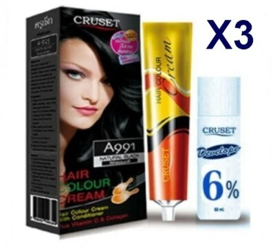 X3 Dye Black Hair Color Cream Temporary Permanent Kit Cruset Natural Black A991 - Image 1 of 4