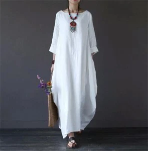 Women's Kaftan Batwing Loose Long Maxi Shirt Dress Linen Cotton Robes Tops Gown - Picture 1 of 17