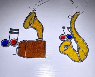 Lote de dois apanhadores de sol vintage instrumentos musicais vitrais Natal - Imagem 1 de 4