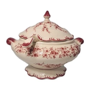 Cracker Barrel CKB2 Red Floral Porcelain Transferware Soup Tureen & Ladle, & Lid - Picture 1 of 8