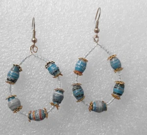 2" Scrap Ditty Dangle Loop Earrings Blue Mix Recycled Paper Beads Gold Accent - Picture 1 of 3