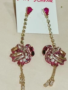 Betsy Johnson Jeweled Rhinestone Flamingo Drop Earrings NEW - Picture 1 of 12