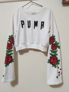 Puma Crop Sweatshirt Womens Small 10 White Tattoo Floral Logo Sweater Top - Picture 1 of 7