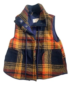 Free People Wrapped Up Blanket Vest in Navy, Gold & Orange Plaid Size Small - Picture 1 of 6
