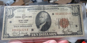 1929 Ten Dollar National Currency Bill $10 Note - New York #0160-3324 - Imagen 1 de 3