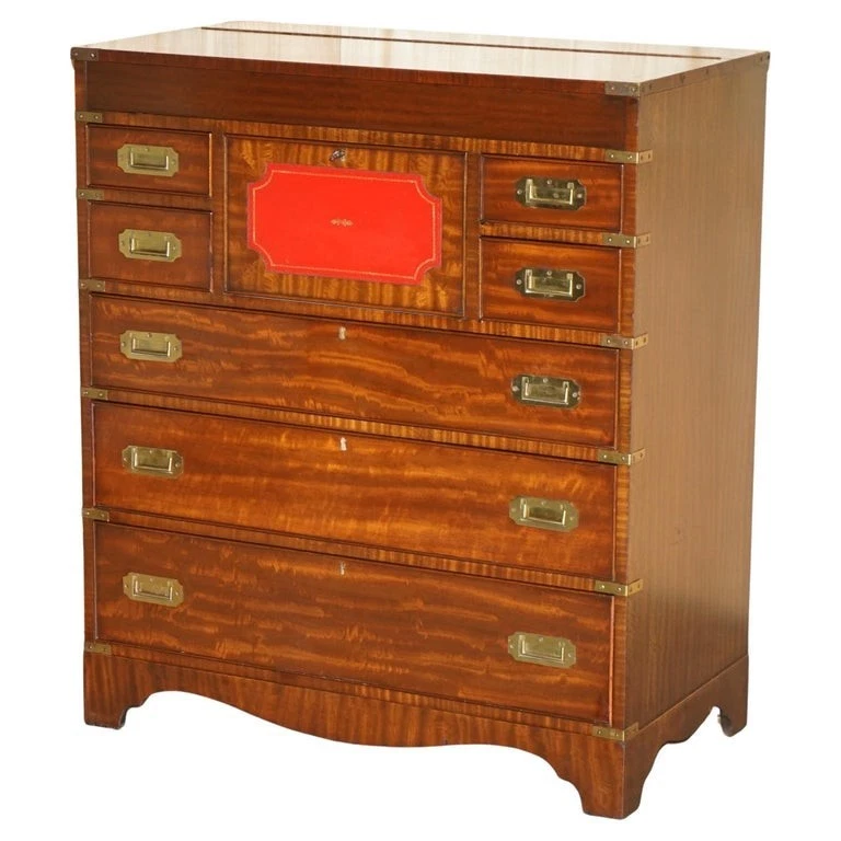 BONITA CÓMODA VINTAGE DE LATÓN CAOBA Y CUERO SANGRE DE BUEY CAMPAÑA MILITAR Foto 1 de 4