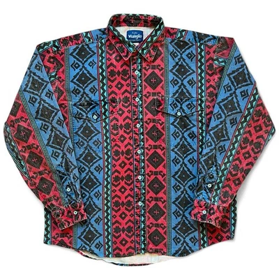 Vintage Wrangler Brushpopper Blue Red Teal Black Aztec Button Up Denim Shirt L  - Image 1 of 4