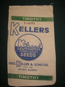 DE COLECCIÓN KELLERS K-BRAND, QUINCY ILLINOIS, NUEVO STOCK ANTIGUO SACO DE SEMILLAS DE TELA TIMOTHY - Imagen 1 de 2