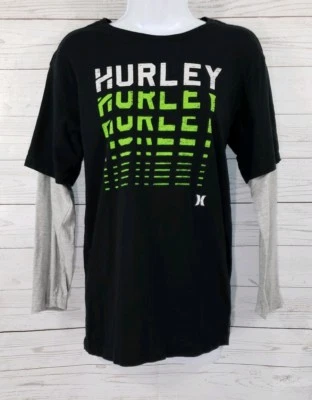 Hurley T-Shirt Large Youth Black Green Logo Black Gray Sleeve Graphic Top - Image 1 of 4