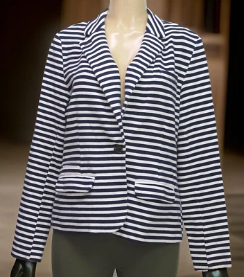 Merona Women's Blazer Jacket Long Sleeve Stripes Stretch White/Navy Size XL - Image 1 of 4