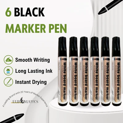 GHW 6 BLACK Quality Whiteboard Dry Wipe Marker BULLET TIP PEN 3mm Line Drywipe Pens