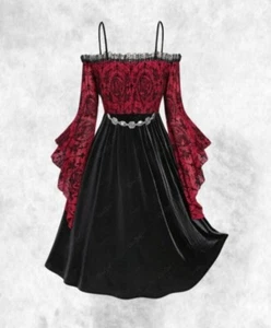 Neu Gothic schwarz Samt & rot Mesh Death Cameo Gürtel Kleid Gr. 3XL 22 24 26 - Bild 1 von 4
