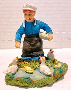 Woman Feeding Ducks 3.5" Resin Figurine Female Wearing Bonnet Glasses Apron - Picture 1 of 5
