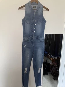 BEBE WOMENS ONE PIECE SLEEVELESS JUMPSUIT SIZE 28 DENIM WITH BUTTONS AND POCKETS - Picture 1 of 7