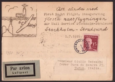 Sweden, 1929 ffc first night flight postcard Stockholm-Stralsund to Italy  -HI56 - Image 1 of 3