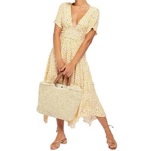 Free People SIZE MEDIUM In Full Bloom Midi Dress Ivory Yellow Fall Spring Leaf - Picture 1 of 11