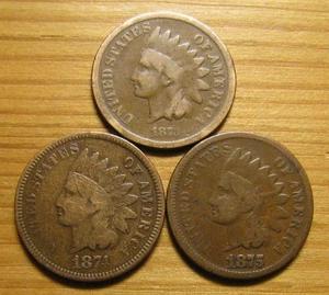 LOT OF (3) 1873 1874 1875 INDIAN HEAD CENTS FROM US COIN COLLECTION PENNY SET - Picture 1 of 4