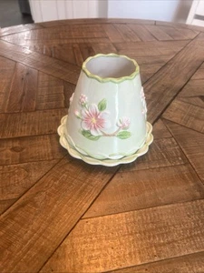 Yankee Candle Glasschirm & Teller rosa Blumen mit Blättern Frühling Sommer - Bild 1 von 6